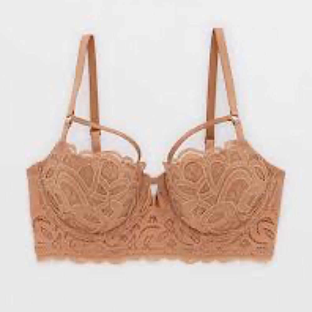 NEW Aerie Show Off Lace Bralette Bra Underwire Chest Strap 34B Caramel Beige